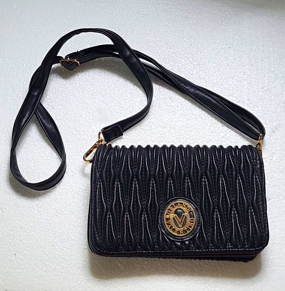 Valentino Orlandi Black Quilted Faux Leather Crossbody Bag Gold Logo Snap Zip
